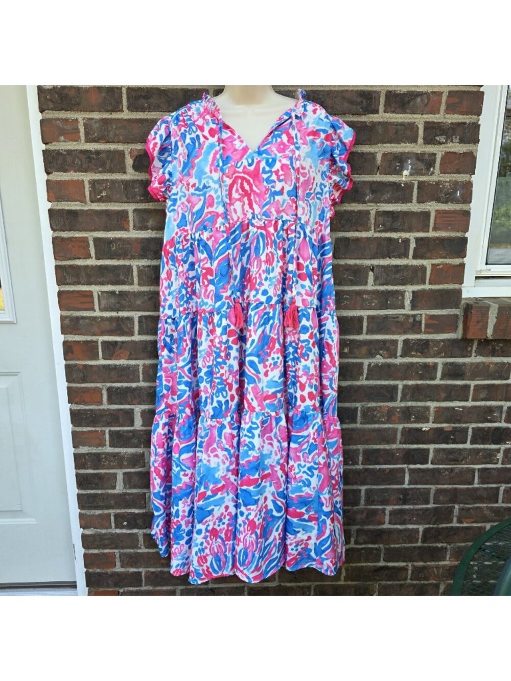 UMGEE Red Pink White Blue Size XL Ruffle Midi Dress Colorful Short Sleeves